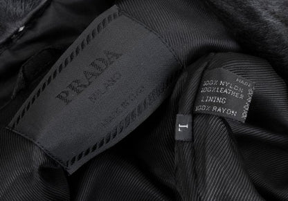 PRADA Calf Hair Panel Nylon Stand Collar Coat Black Size L