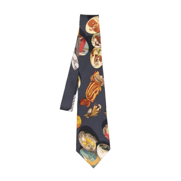 HERMES All-Over Motif Print Silk Tie Gray