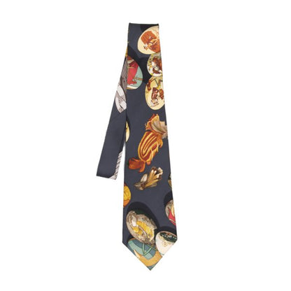 HERMES All-Over Motif Print Silk Tie Gray
