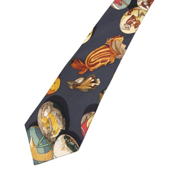 HERMES All-Over Motif Print Silk Tie Gray