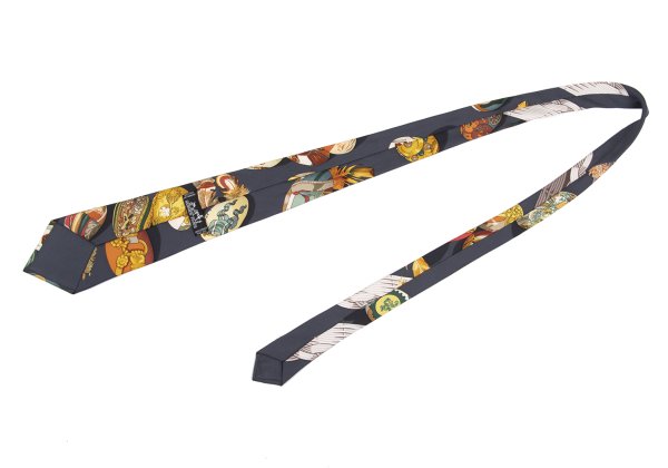 HERMES All-Over Motif Print Silk Tie Gray