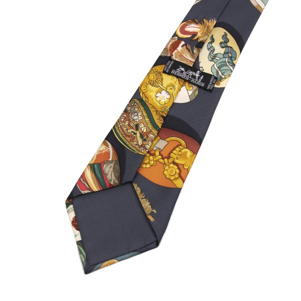 HERMES All-Over Motif Print Silk Tie Gray
