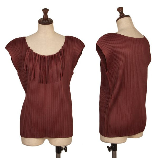 PLEATS PLEASE Fringed Neck Pleated Tank Top Bordeaux Size 4
