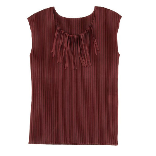 PLEATS PLEASE Fringed Neck Pleated Tank Top Bordeaux Size 4