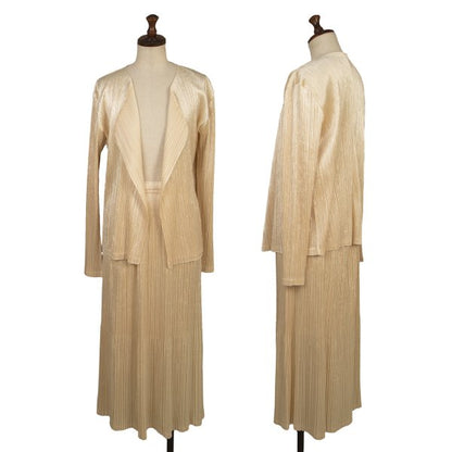 PLEATS PLEASE Velour Pleated Cardigan Beige Size 4