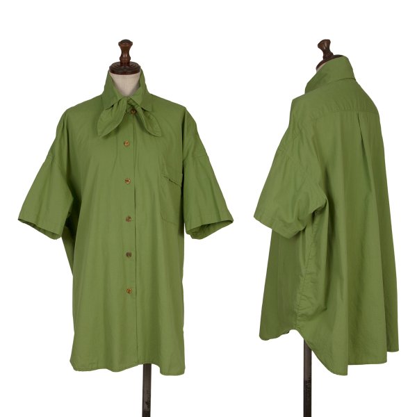 gigli Cotton Ribbon Neck Short Sleeve Yellow Green Shirt Size S