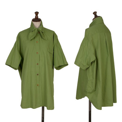 gigli Cotton Ribbon Neck Short Sleeve Yellow Green Shirt Size S