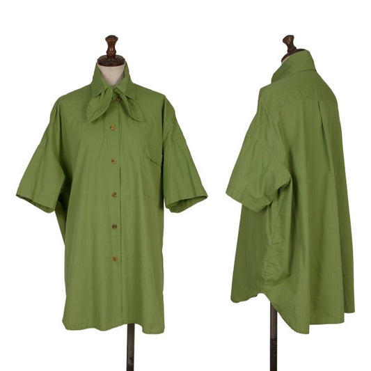 gigli Cotton Ribbon Neck Short Sleeve Yellow Green Shirt Size S