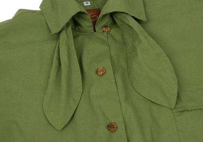 gigli Cotton Ribbon Neck Short Sleeve Yellow Green Shirt Size S