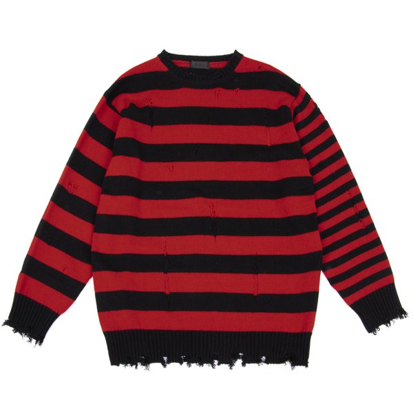 s'yte 23AW Damaged Asymmetrical Stripe Knit Red/Black Size 3