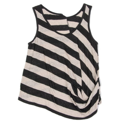 Y's Red Label Linen Striped Panel Top Ivory/Black Size 2