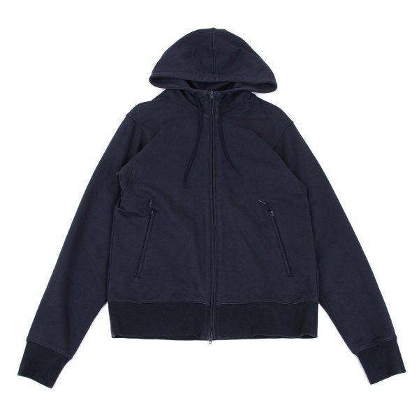 Y-3 Back Logo Print Zip Hoodie Navy Cotton Size M
