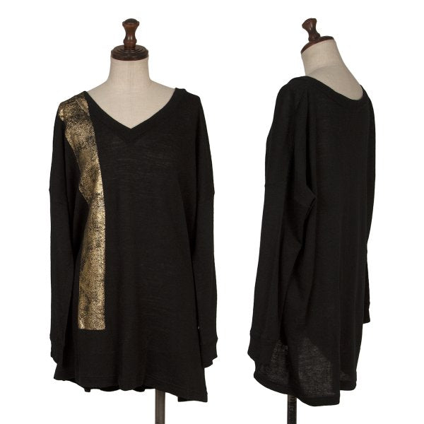 Y's Wool Blend Foil Print V-Neck Knit Sweater Black Size 2