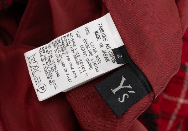 Y's Wool Check Asymmetric Wide Sarouel Pants Red Size 2
