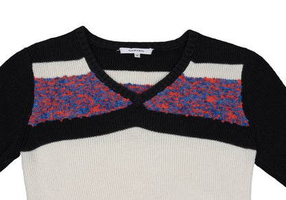 CARVEN Wool Blend Pile Panel V-Neck Sweater Black Size M