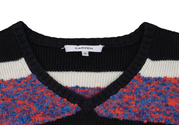 CARVEN Wool Blend Pile Panel V-Neck Sweater Black Size M