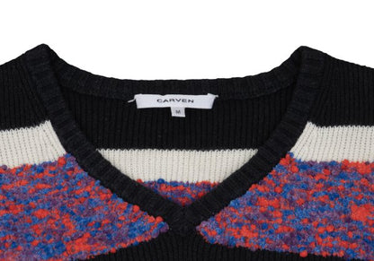 CARVEN Wool Blend Pile Panel V-Neck Sweater Black Size M
