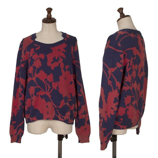 MAX&Co Cotton Plant Print Knit Sweater Navy Red Size M