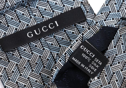GUCCI Silk Geometric Pattern Tie Gray Light Blue