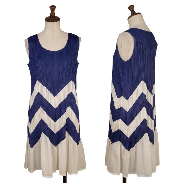 PLEATS PLEASE Zigzag Sleeveless Pleated Tunic Blue Blouse Size 3