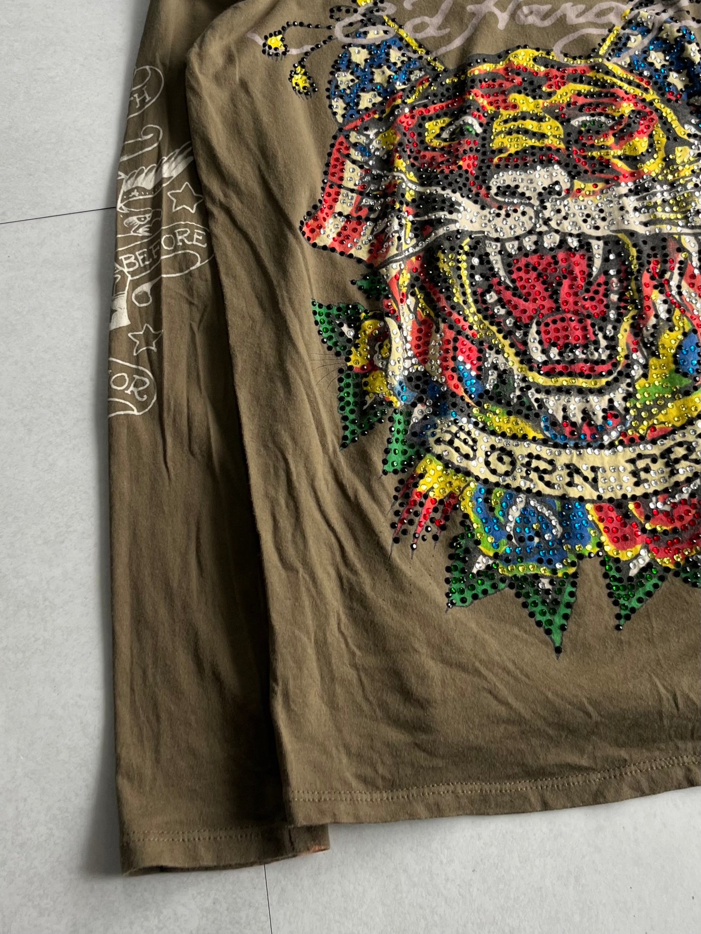 Ed Hardy Green V-Neck Sequin Long Sleeve Shirt Size L