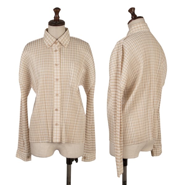 PLEATS PLEASE Gingham Button-Down Jacket Beige White Size 3