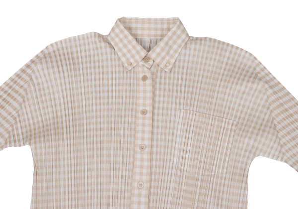 PLEATS PLEASE Gingham Button-Down Jacket Beige White Size 3