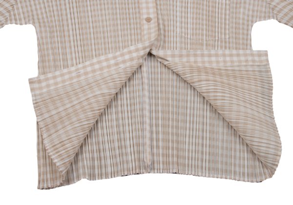 PLEATS PLEASE Gingham Button-Down Jacket Beige White Size 3