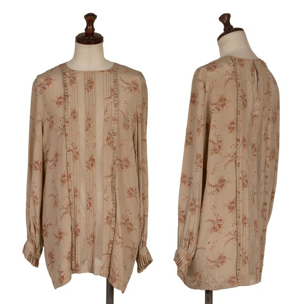 PINK HOUSE Silk Flower Print Mesh Panel Blouse Beige Size M