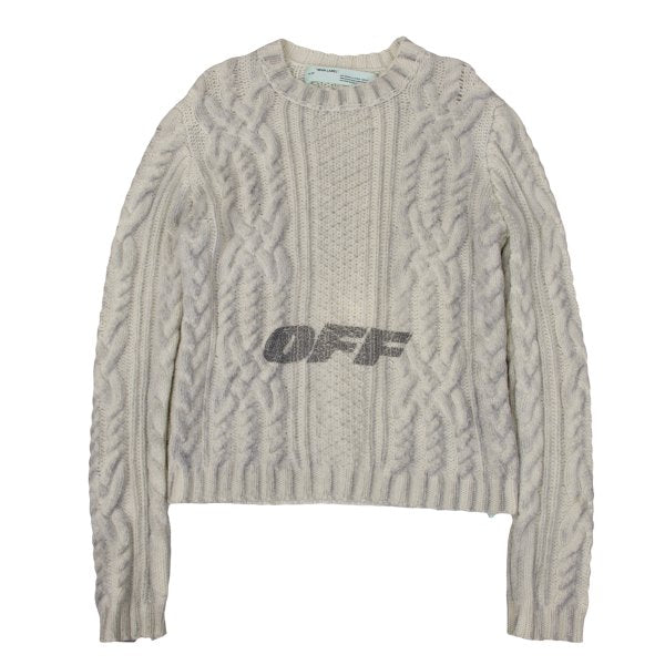 Off-White Wool Logo Print Cable Knit Sweater Off-Gray Size M