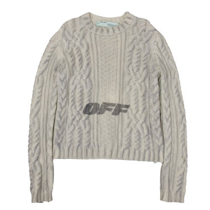 Off-White Wool Logo Print Cable Knit Sweater Off-Gray Size M