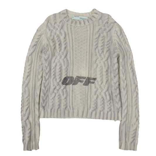 Off-White Wool Logo Print Cable Knit Sweater Off-Gray Size M