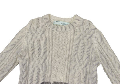 Off-White Wool Logo Print Cable Knit Sweater Off-Gray Size M
