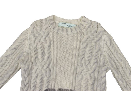 Off-White Wool Logo Print Cable Knit Sweater Off-Gray Size M