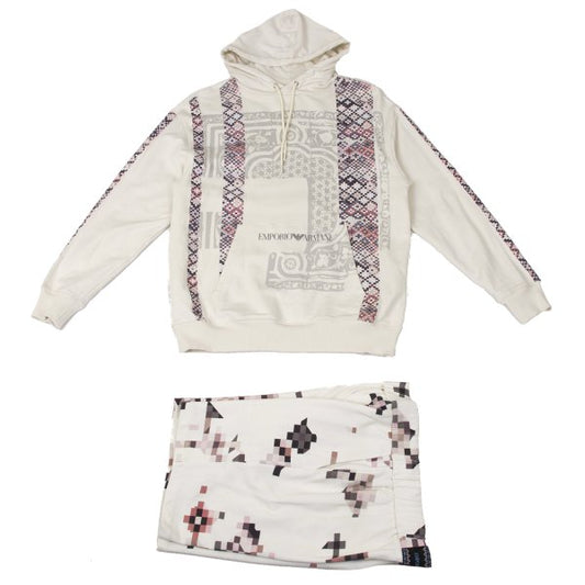 EMPORIO ARMANI Mosaic Print Cotton Hoodie Ivory Size XS