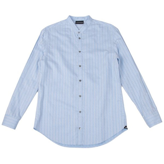 EMPORIO ARMANI Cotton Jacquard Band Collar Shirt Blue Size S