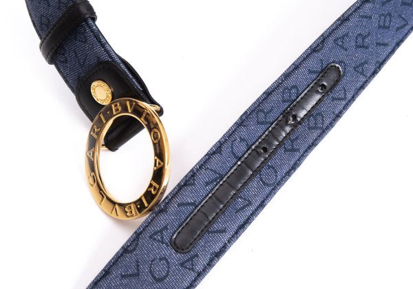 BVLGARI Logo Mania Denim & Leather Belt Blue/Black Size 42