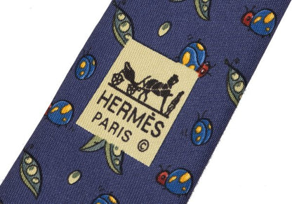 HERMES Silk Bugs Print Tie Navy