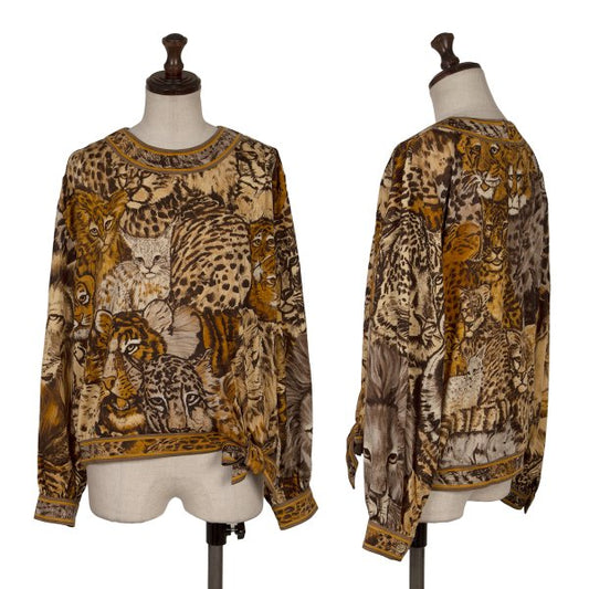 LEONARD Tiger Print Gathered Shoulder Blouse Brown Size L