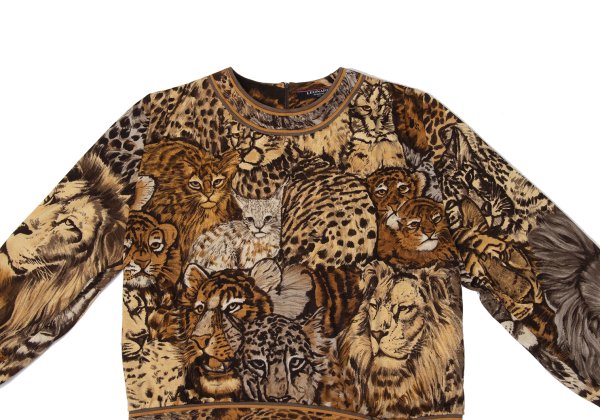 LEONARD Tiger Print Gathered Shoulder Blouse Brown Size L