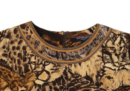 LEONARD Tiger Print Gathered Shoulder Blouse Brown Size L