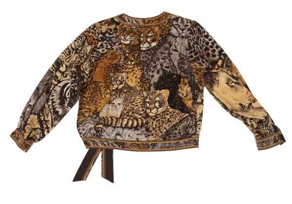 LEONARD Tiger Print Gathered Shoulder Blouse Brown Size L