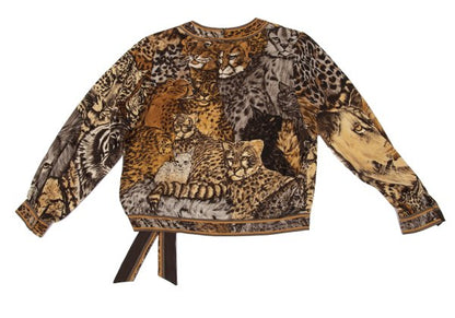 LEONARD Tiger Print Gathered Shoulder Blouse Brown Size L
