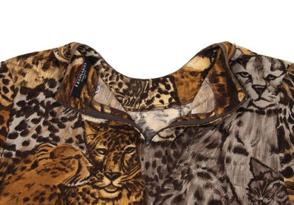 LEONARD Tiger Print Gathered Shoulder Blouse Brown Size L