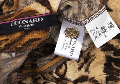 LEONARD Tiger Print Gathered Shoulder Blouse Brown Size L