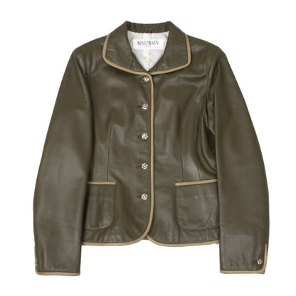BALMAIN Sheep Leather Flower Button Jacket Khaki Size 13