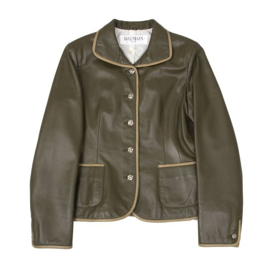 BALMAIN Sheep Leather Flower Button Jacket Khaki Size 13