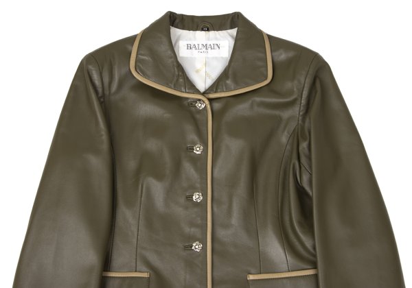 BALMAIN Sheep Leather Flower Button Jacket Khaki Size 13