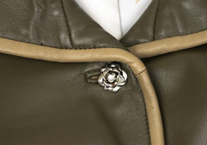 BALMAIN Sheep Leather Flower Button Jacket Khaki Size 13