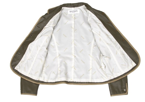 BALMAIN Sheep Leather Flower Button Jacket Khaki Size 13